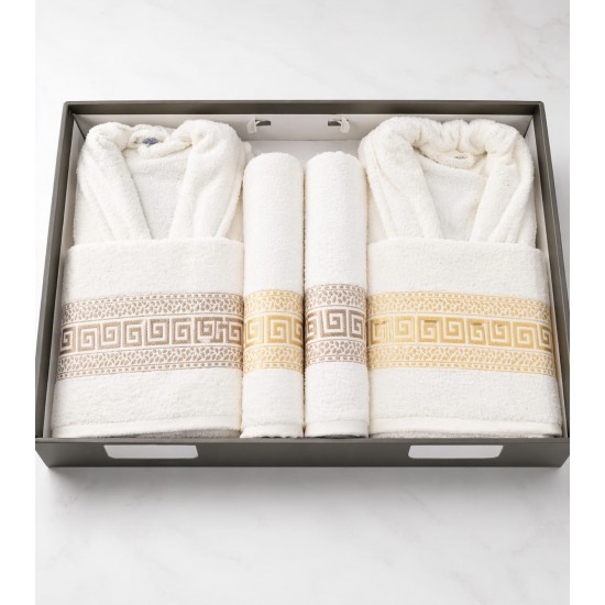 Set 6 Piese 2 Halate + 4 Prosoape, Bej și Galben, Model Brodat Elegant, HBC-005 Halate de baie