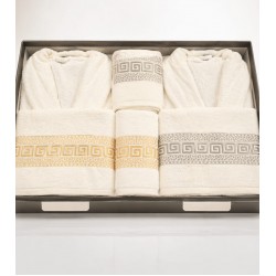 Set 6 Piese 2 Halate + 4 Prosoape, Galben si Gri, Model Brodat Elegant, HBC-006