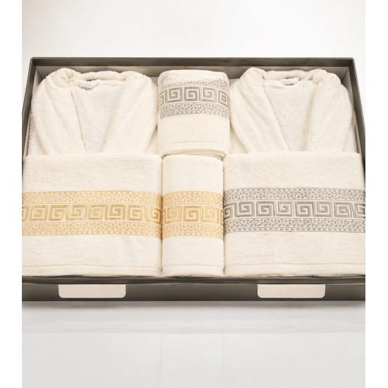 Set 6 Piese 2 Halate + 4 Prosoape, Galben si Gri, Model Brodat Elegant, HBC-006 Halate de baie