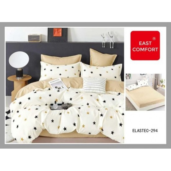 Set Lenjerie Pat Dublu Bumbac Finet 6 Piese cu Cearșaf cu Elastic – Model Stelute Bej , LDE-016 Lenjerii Finet 6 piese cu ELASTIC