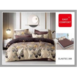 Set Lenjerie Pat Dublu Bumbac Finet 6 Piese cu Cearșaf cu Elastic – Model Fluturi Eleganți Bej-Maro, LDE-194