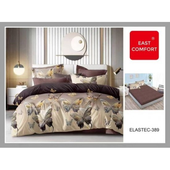 Set Lenjerie Pat Dublu Bumbac Finet 6 Piese cu Cearșaf cu Elastic – Model Fluturi Eleganți Bej-Maro, LDE-194 Lenjerii Finet 6 piese cu ELASTIC