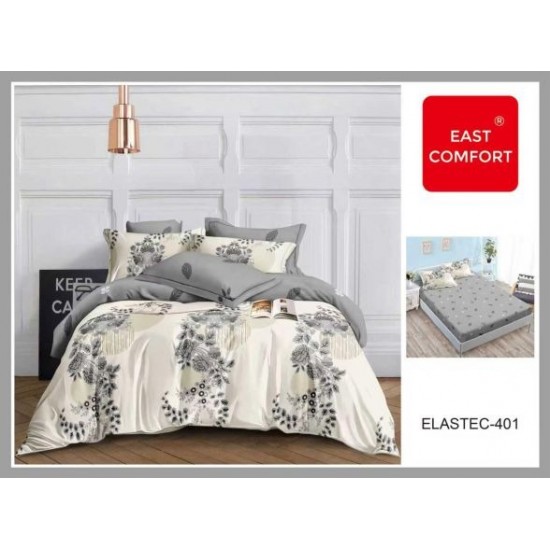 Set Lenjerie Pat Dublu Bumbac Finet 6 Piese cu Cearșaf cu Elastic – Model Floral Gri , LDE-061 Lenjerii Finet 6 piese cu ELASTIC