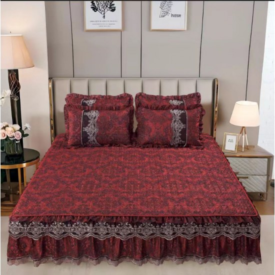 Cuvertură Pat Dublu din Catifea cu Dantelă 3 Piese – 230x250 cm + 2 Fețe de Pernă, Model Bordo, CCB-001 Cuverturi Catifea cu Volane si Dantela