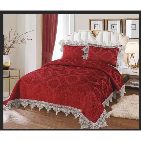 Cuvertură Pat Dublu din Catifea cu Dantelă 3 Piese – 230x250 cm + 2 Fețe de Pernă, Model Bordo, CCB-009 Cuverturi Catifea cu Volane si Dantela