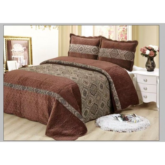 Cuvertură Pat Dublu 3 Piese din Catifea Matlasată – 230x250 cm + 2 Fețe de Pernă, Model Maro Ciocolatiu, CMM-001 Cuverturi Catifea 3 piese cu Model