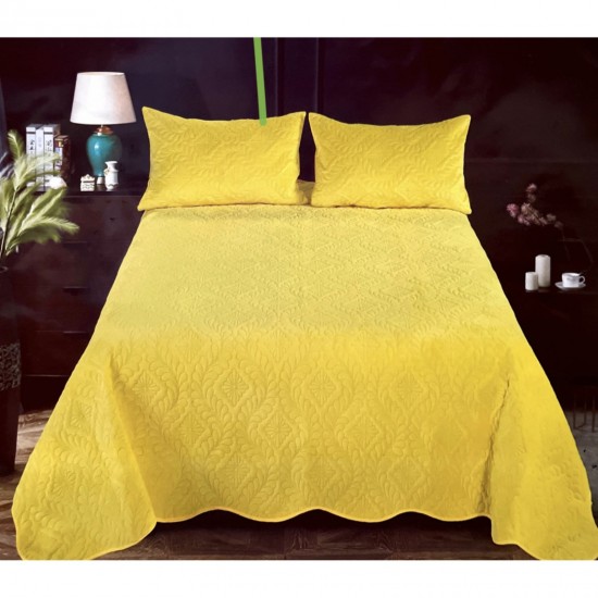 Cuvertură Pat Dublu 3 Piese din Catifea Matlasată – 220x240 cm + 2 Fețe de Pernă 54x75 cm, Model Galben, CCV-059 Cuverturi Catifea 3 piese