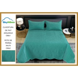 Cuvertură Pat Dublu 3 Piese din Catifea Matlasată – 220x240 cm + 2 Fețe de Pernă 54x75 cm, Model Turcoaz, CSV 026