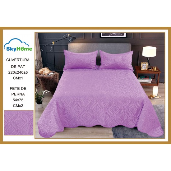 Cuvertură Pat Dublu 3 Piese din Catifea Matlasată – 220x240 cm + 2 Fețe de Pernă 54x75 cm, Model Lila, CSV 027 Cuverturi Catifea 3 piese