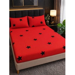 Cearșaf Cocolino cu Elastic 180x200 cm + 2 Fețe de Pernă – Model Stele, Roșu cu Negru, HC-054