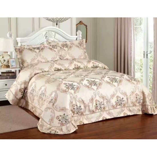 Cuvertură Pat Dublu 3 Piese din Catifea Matlasată – 250x250 cm + 2 Fețe de Pernă 60x80 cm, Model Floral Bej, CMM-008 Cuverturi Catifea 3 piese cu Model