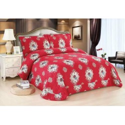 Cuvertură Pat Dublu 3 Piese din Catifea Matlasată – 250x250 cm + 2 Fețe de Pernă 60x80 cm, Model Floral Rosu, CMM-010
