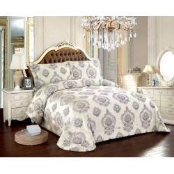 Cuvertură Pat Dublu 3 Piese din Catifea Matlasată – 250x250 cm + 2 Fețe de Pernă 60x80 cm, Model Floral Crem, CMM-011