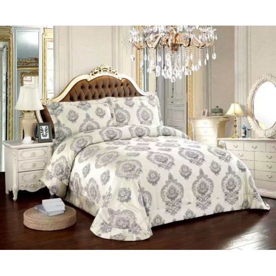 Cuvertură Pat Dublu 3 Piese din Catifea Matlasată – 250x250 cm + 2 Fețe de Pernă 60x80 cm, Model Floral Crem, CMM-011 Cuverturi Catifea 3 piese cu Model