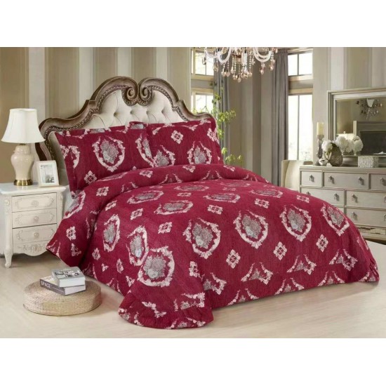 Cuvertură Pat Dublu 3 Piese din Catifea Matlasată – 250x250 cm + 2 Fețe de Pernă 60x80 cm, Model Floral Bordo, CMM-013 Cuverturi Catifea 3 piese cu Model