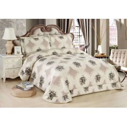 Cuvertură Pat Dublu 3 Piese din Catifea Matlasată – 250x250 cm + 2 Fețe de Pernă 60x80 cm, Model Floral Bej, CMM-014