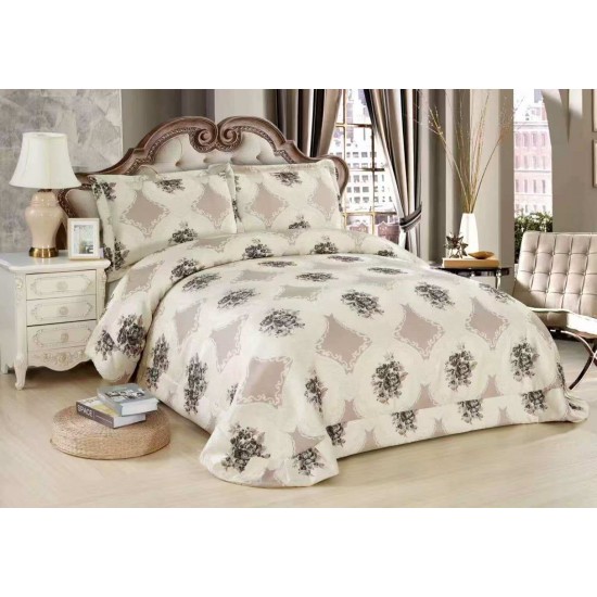 Cuvertură Pat Dublu 3 Piese din Catifea Matlasată – 250x250 cm + 2 Fețe de Pernă 60x80 cm, Model Floral Bej, CMM-014 Cuverturi Catifea 3 piese cu Model