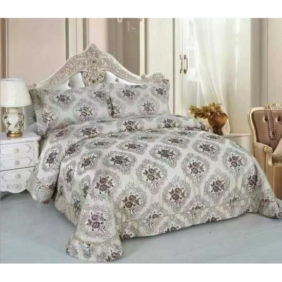 Cuvertură Pat Dublu 3 Piese din Catifea Matlasată – 250x250 cm + 2 Fețe de Pernă 60x80 cm, Model Floral Crem, CMM-015 Cuverturi Catifea 3 piese cu Model