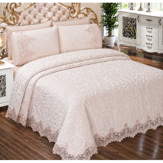 Set Cuvertură de Lux Matlasată cu Dantelă Elegantă 6 Piese – Pat Dublu, Roz Pudrat Deschis, CME-009 Cuverturi Lux Catifea cu Dantela 6 piese