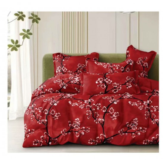Lenjerie de Pat Dublu 4 Piese Bumbac Satinat Superior – Model Floral Roșu cu Flori de Cireș, LES-031 3 lenjerii la 199 lei