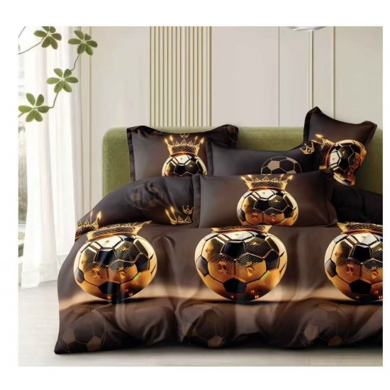 Lenjerie de Pat Dublu 4 Piese Bumbac Satinat Superior – Model Minge de Fotbal Gold pe Negru, LES-058 3 lenjerii la 199 lei