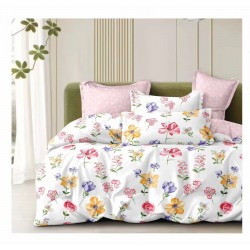 Lenjerie de Pat Dublu 4 Piese Bumbac Satinat Superior – Model Floral Multicolor cu Roz Pudrat, LES-033