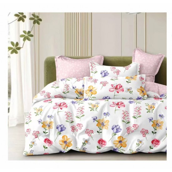 Lenjerie de Pat Dublu 4 Piese Bumbac Satinat Superior – Model Floral Multicolor cu Roz Pudrat, LES-033 3 lenjerii la 199 lei