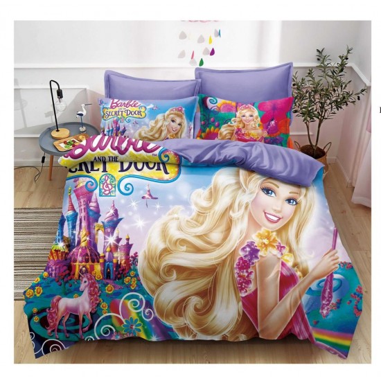 Lenjerie de Pat Finet 6 Piese Pat Dublu – Model Barbie Secret Door Multicolor pentru Copii, LCC-054 Lenjerii Pentru Copii cu Desene Animate - Finet 6 piese