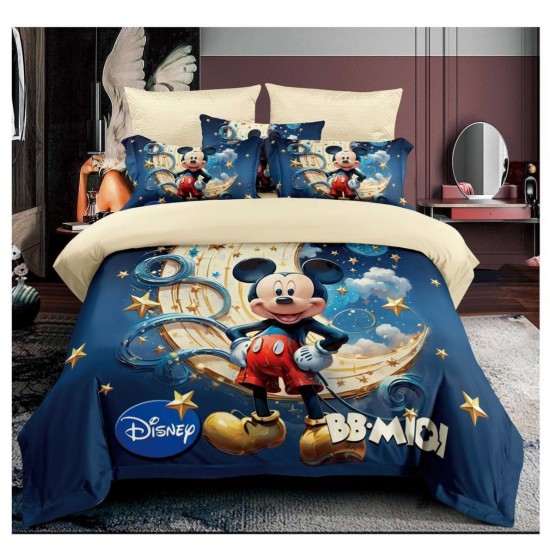 Lenjerie de Pat Finet 6 Piese Pat Dublu – Model Mickey Mouse Albastru Noapte, LCC-056 Lenjerii Pentru Copii cu Desene Animate - Finet 6 piese