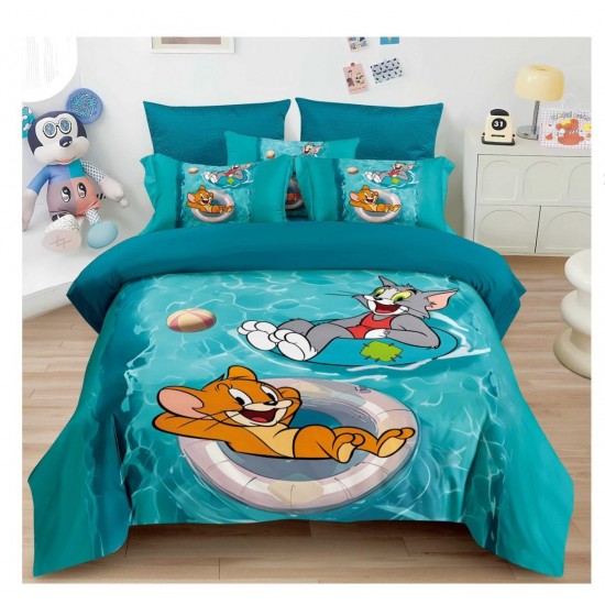 Lenjerie de Pat Finet 6 Piese Pat Dublu – Model Tom și Jerry Aqua, Turcoaz, LCC-069 Lenjerii Pentru Copii cu Desene Animate - Finet 6 piese