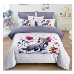 Lenjerie de Pat Finet 6 Piese Pat Dublu – Model Tom și Jerry cu Inimioare, Gri, LCC-073