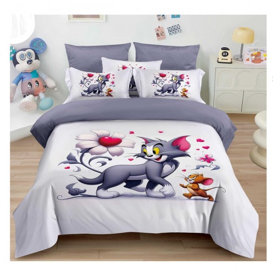Lenjerie de Pat Finet 6 Piese Pat Dublu – Model Tom și Jerry cu Inimioare, Gri, LCC-073 Lenjerii Pentru Copii cu Desene Animate - Finet 6 piese