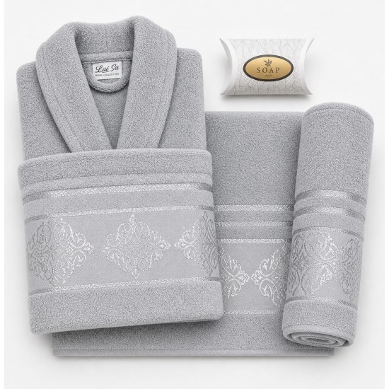 Set Halat de Baie + Prosoape 4 Piese din Bumbac 100% – Model Gri Elegant Lui Sa Home Collection, HBC-017 Halate de baie