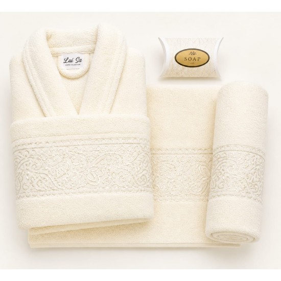Set Halat de Baie + Prosoape 4 Piese din Bumbac 100% – Model Crem Elegant Lui Sa Home Collection, HBC-020 Halate de baie