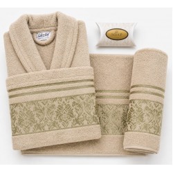 Set Halat de Baie + Prosoape 4 Piese din Bumbac 100% – Model Bej cu Verde Elegant Lui Sa, HBC-022