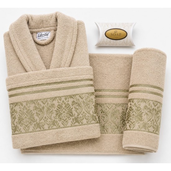 Set Halat de Baie + Prosoape 4 Piese din Bumbac 100% – Model Bej cu Verde Elegant Lui Sa, HBC-022 Halate de baie