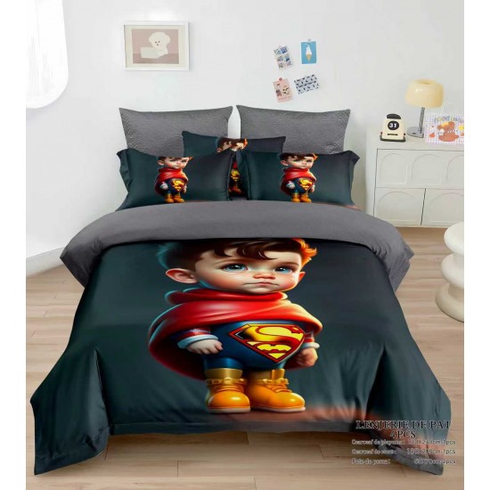 Lenjerie de Pat Dublu Finet 4 Piese cu Cearșaf Elastic – Model Super Erou pentru Copii, LCC-076 Lenjerii Pentru Copii cu Desene Animate - Finet 6 piese
