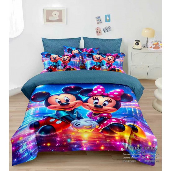 Lenjerie de Pat Dublu Finet 4 Piese cu Cearșaf Elastic – Model Mickey și Minnie Multicolor, LCC-077 Lenjerii Pentru Copii cu Desene Animate - Finet 6 piese