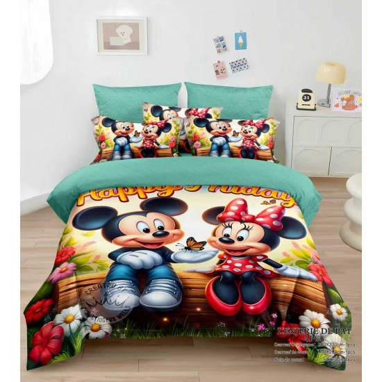 Lenjerie de Pat Dublu Finet 4 Piese cu Cearșaf Elastic – Model Mickey & Minnie Happy Day, LCC-079 Lenjerii Pentru Copii cu Desene Animate - Finet 6 piese