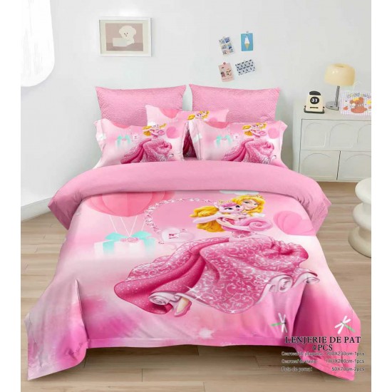 Lenjerie de Pat Dublu Finet 4 Piese cu Cearșaf Elastic – Model Prințesă Roz, LCC-082 Lenjerii Pentru Copii cu Desene Animate - Finet 6 piese