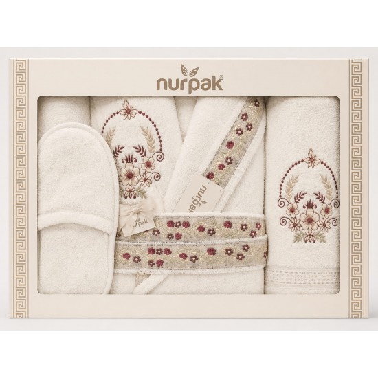 Set Cadou Baie 7 Piese – Halat de Baie și Prosoape din Bumbac 100% Crem cu Broderie Florală, HBC-024 Halate de baie