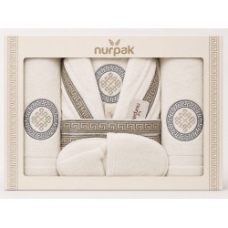 Set Cadou Baie 7 Piese – Halat de Baie și Prosoape din Bumbac 100% Crem cu Model Grecesc, HBC-026