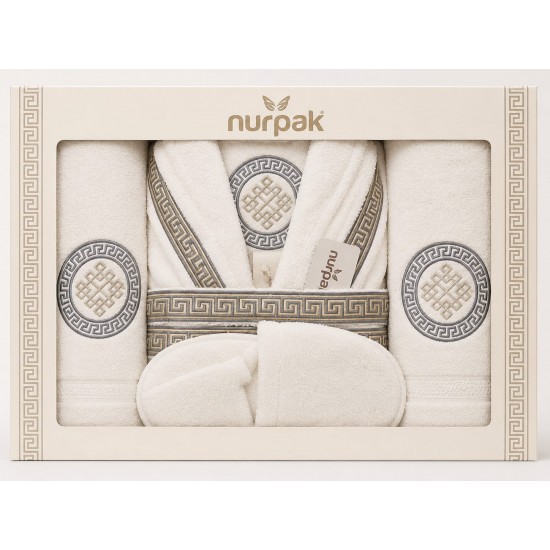 Set Cadou Baie 7 Piese – Halat de Baie și Prosoape din Bumbac 100% Crem cu Model Grecesc, HBC-026 Halate de baie