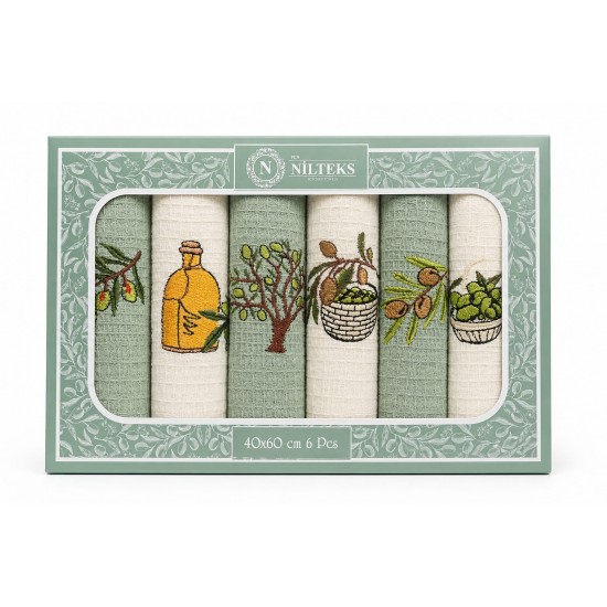 Set 6 Prosoape Bucătărie 100% Bumbac, 40x60 cm, Model Olive și Broderie Rustic Elegant, OGR-014 Bucatarie