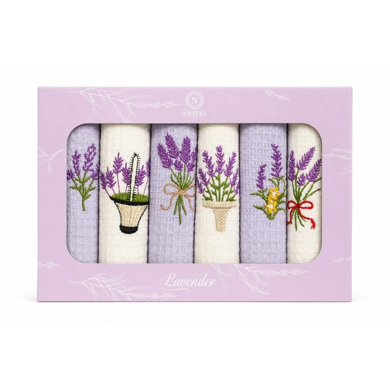 Set 6 Prosoape Bucătărie Lavander 100% Bumbac, 40x60 cm, Mov și Crem, Model Lavandă Brodată, OGR-015 Bucatarie