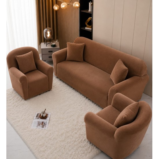 Huse Elastice din Catifea pentru Canapea 3 Locuri și 2 Fotolii, Maro Cappuccino, HBC-009 Huse Canapea Catifea