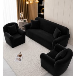 Huse Elastice din Catifea pentru Canapea 3 Locuri și 2 Fotolii, Negru, HBC-011