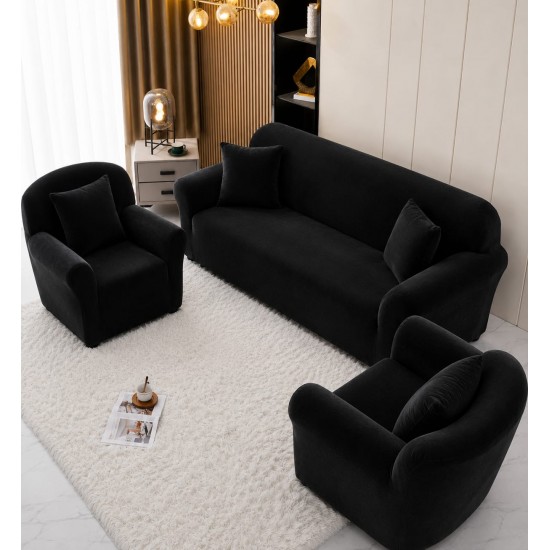 Huse Elastice din Catifea pentru Canapea 3 Locuri și 2 Fotolii, Negru, HBC-011 Huse Canapea Catifea