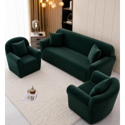 Huse Elastice din Catifea pentru Canapea 3 Locuri și 2 Fotolii, Verde Smarald, HBC-012