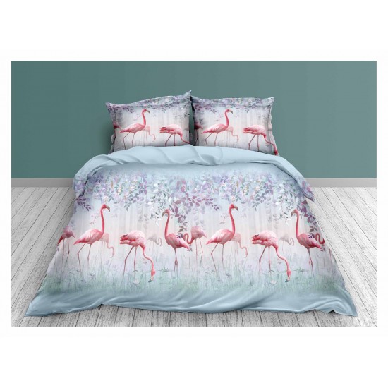 Lenjerie de Pat Dublu Bumbac Satinat 3D, 4 Piese, Model Flamingo Roz, LSD-018 Lenjerii de Pat 3D